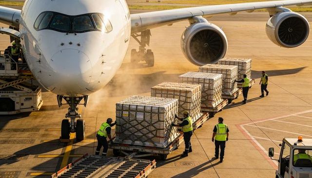 Ground crew loading palletized cargo onto widebody jet on tarmac at golden hour