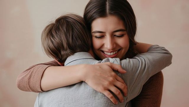 Tender mother hugging smiling son with closed eyes, warm family bond and nurture