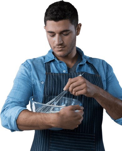 Biracial Man Mixing Ingredients Glass Bowl, Transparent Background