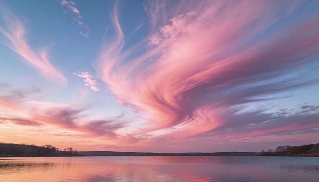 Lavender swirl sky reflecting on glassy lake at dusk with dramatic cirrus formations