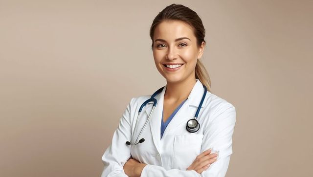 Confident Female Doctor with Stethoscope in Studio Setting