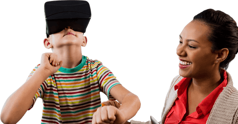 Joyful Interaction Boy with VR Goggles and Smiling Woman on Transparent