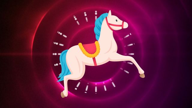 Illustration features an animated toy horse against a backdrop of glowing neon shapes, creating a surreal and playful atmosphere. The use of bright colors and digital elements makes it ideal for use in fantasy or children-themed projects, advertisements, or animated videos aimed at engaging and captivating a youthful audience.