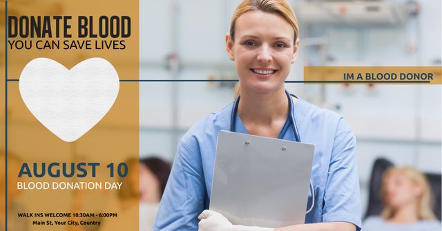 Medical Professional Encouraging Blood Donation Smiling While Holding Clipboard - Download Free Stock Templates Pikwizard.com