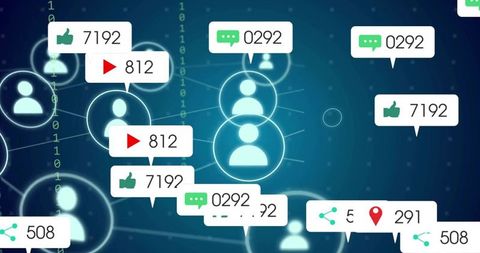 Displaying glowing social network nodes with engagement badges and binary data stream