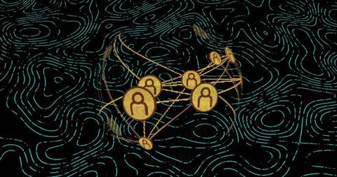 Golden Avatar Nodes Floating Inside Teal Contour Mesh for Digital Identity, Network Connectivity