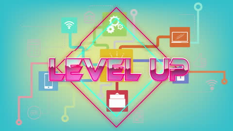 Tech-Inspired 'Level Up' Illustration with Digital Icons