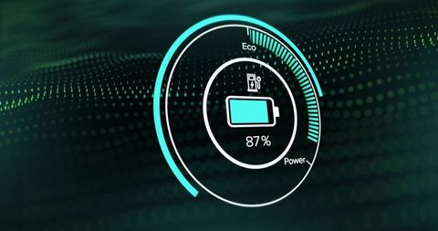 Futuristic circular battery gauge displaying 87% power with eco hud and teal glow