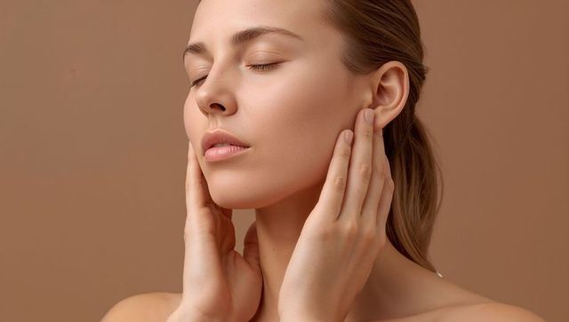 Serene woman caressing face and neck with closed eyes glowing skin beauty portrait