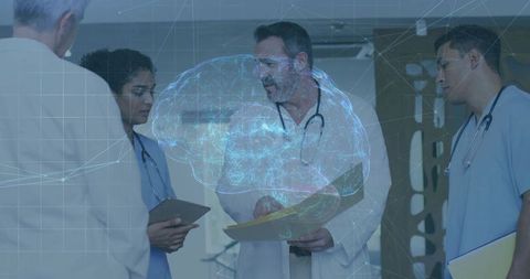 Doctors Analyzing Brain Hologram in Hospital Lab