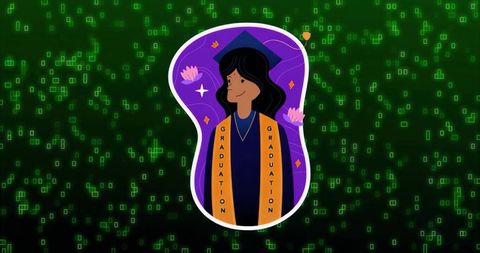 Female graduate celebrating achievement in digital future wearing mortarboard and stole