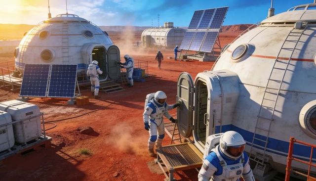 Astronauts Operating Modular Mars Habitat with Solar Arrays on Red Planet Surface