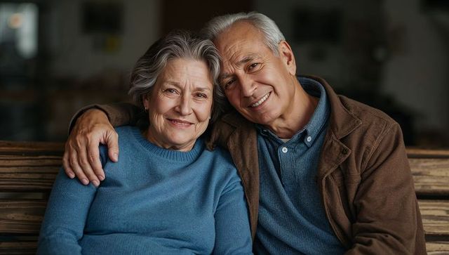 Smiling senior couple embracing on wooden bench in cozy home portrait of lifelong companionship