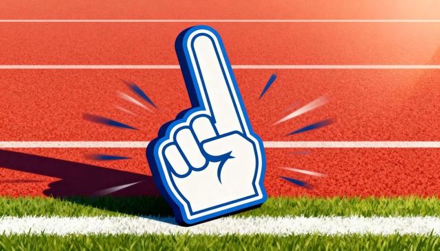 Foam finger pointing up on running track edge, sun flare, motion lines for sports promo