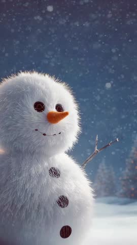 Pulling back revealing fluffy snowman with carrot nose and coal buttons in winter clearing