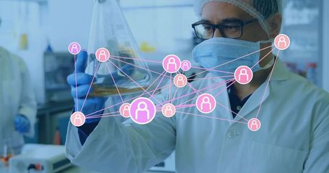 Scientist analyzing beaker solution with virtual network overlay