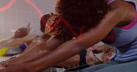 Yoga Enthusiasts Stretching with Fitness Data Overlay