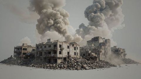 Earthquake ruins of collapsing concrete building amidst rubble and smoke