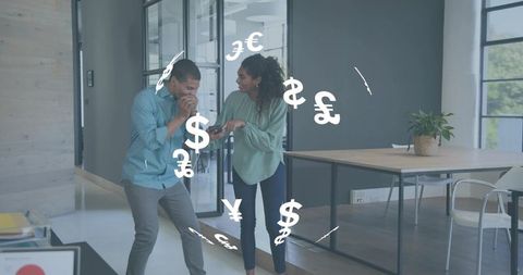 Coworkers celebrating currency alert with floating money symbols in modern workspace