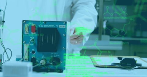 Scientist analyzing laboratory data with digital interface