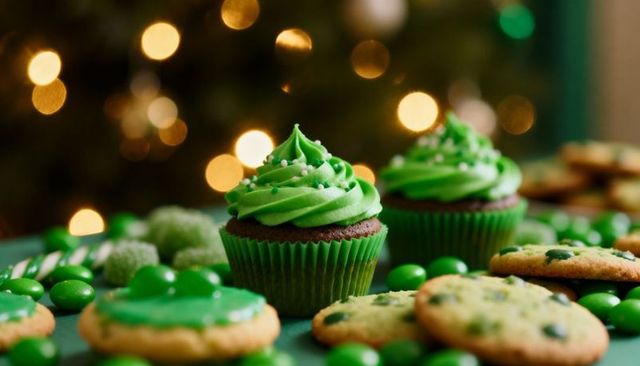 Green frosted cupcakes with sugar cookies and candies, warm bokeh holiday lights