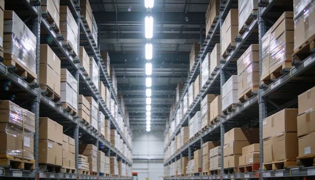 Central warehouse aisle stretching into distance with stacked pallets and pallet racking