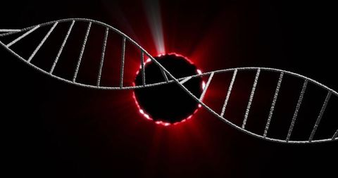 Silver dna double helix crossing red corona eclipse futuristic genetics concept molecular