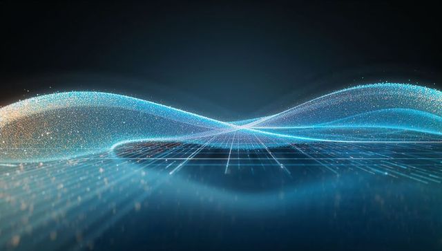 Neon blue grid with glowing waves in futuristic technological space