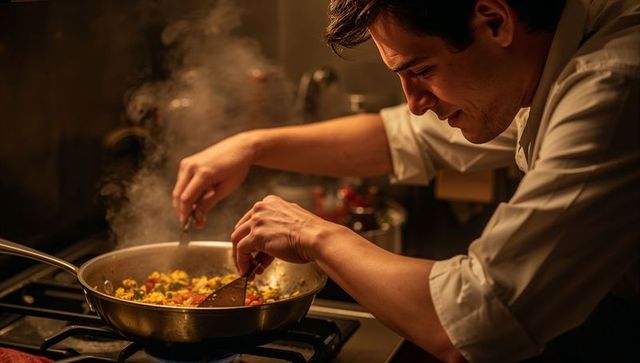 Male chef stirring sizzling skillet on gas range, crafting vibrant sautéed vegetables
