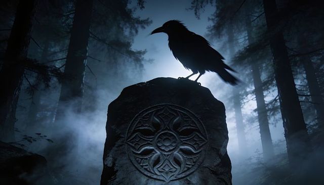 Raven perching on carved standing stone in moonlit foggy conifer forest