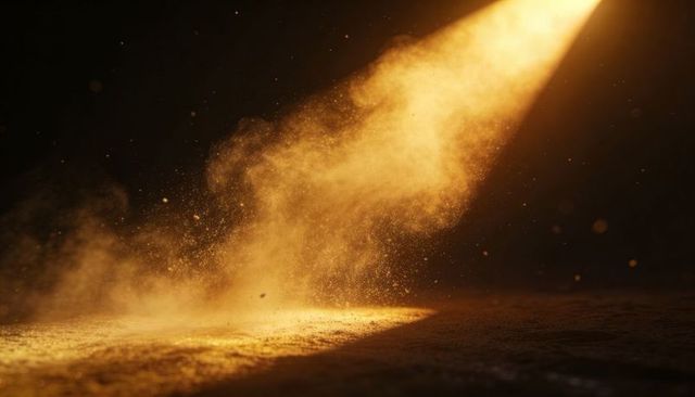 Golden beam casting dust plume over textured concrete floor, dramatic spotlight with floating partic