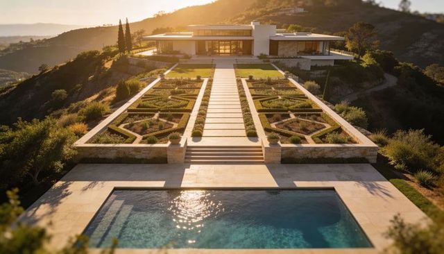 Modern hilltop luxury villa with terraced geometric garden and infinity pool at sunset
