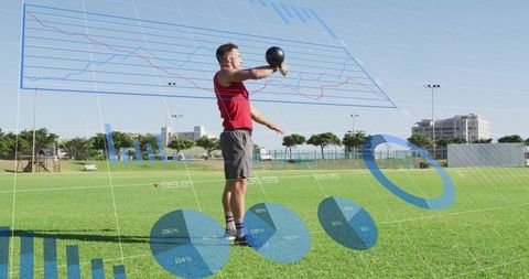 Outdoor athlete performing kettlebell swing with augmented fitness data overlay and analytics