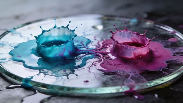Macro crown splash of cyan and magenta ink forming marbled duotone rings on glass closeup