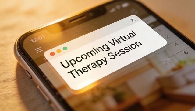 Upcoming Virtual Therapy Session Reminder on Smartphone Calendar with Warm Amber Glow