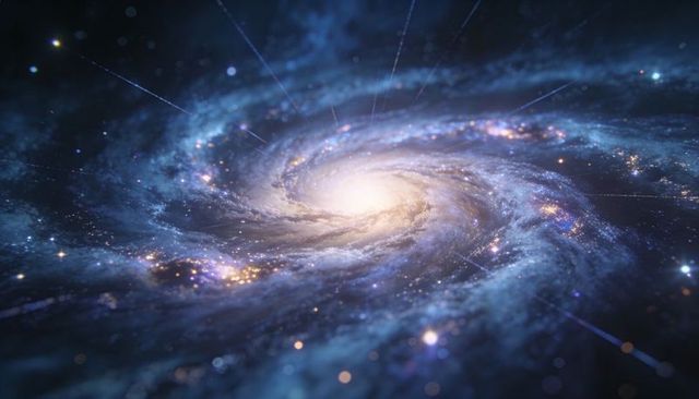 Vertical zooming spiral galaxy revealing luminous bulge and twisting star-forming arms