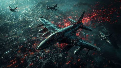 Futuristic jet fighters navigating airstrikes combat zone at night