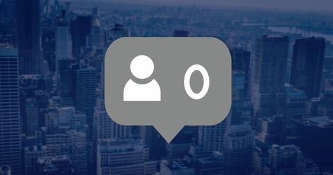 Social media analytics icon over cityscape