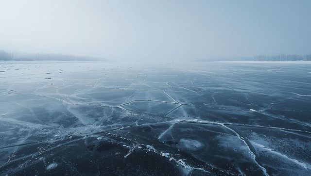 Frozen Lake with Geometric Ice Cracks Stretching toward Misty Horizon