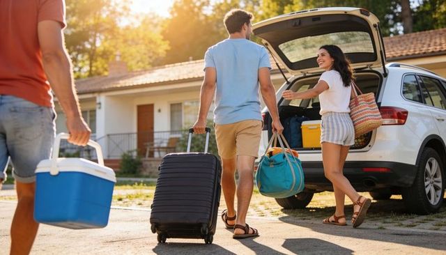 Young couple and friend loading suv for summer road trip
