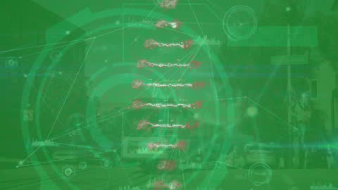 Spinning DNA Structure In Futuristic Cityscape