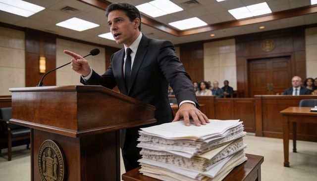 Attorney presenting evidence at courtroom lectern with stack of documents