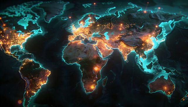 Glowing Global Network Map Connecting City Hubs with Neon Coasts and Data Pins