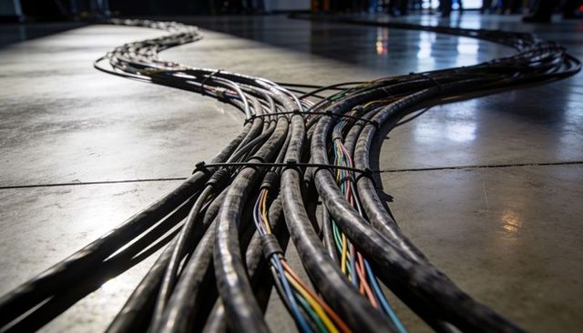 Snaking av cables curving across polished floor, exposed multicolor wires and tied bundles