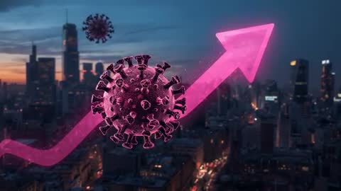 Urban Growth Symbolized by Neon Arrow Animated with Pink Virus Icon