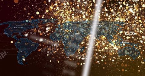 Global data network map revealing digital connections with golden particles and neon outlines