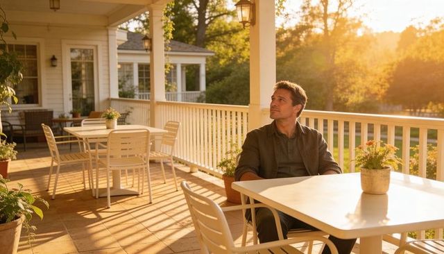 Man sitting and gazing on sunlit porch during golden hour, enjoying calm afternoon