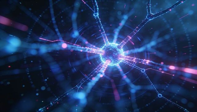 Pulsing neon hub radiating luminescent filaments and linking nodes in cyberspace network
