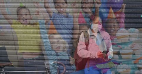 Young woman with smartphone observing excited schoolchildren