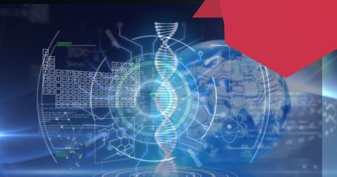 Futuristic digital dna helix interface with world map and data